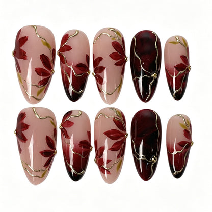 Handmade almond press on nails, sheer nude wine red black ombre maple leaf gold wire vintage false nails for women