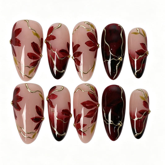 Handmade almond press on nails, sheer nude wine red black ombre maple leaf gold wire vintage false nails for women