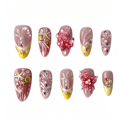 Medium Almond Press On Nails, Pink Yellow Cat Eye 3D Jellyfish Starfish Shell Pearl Rhinestone Fake Nail Set
