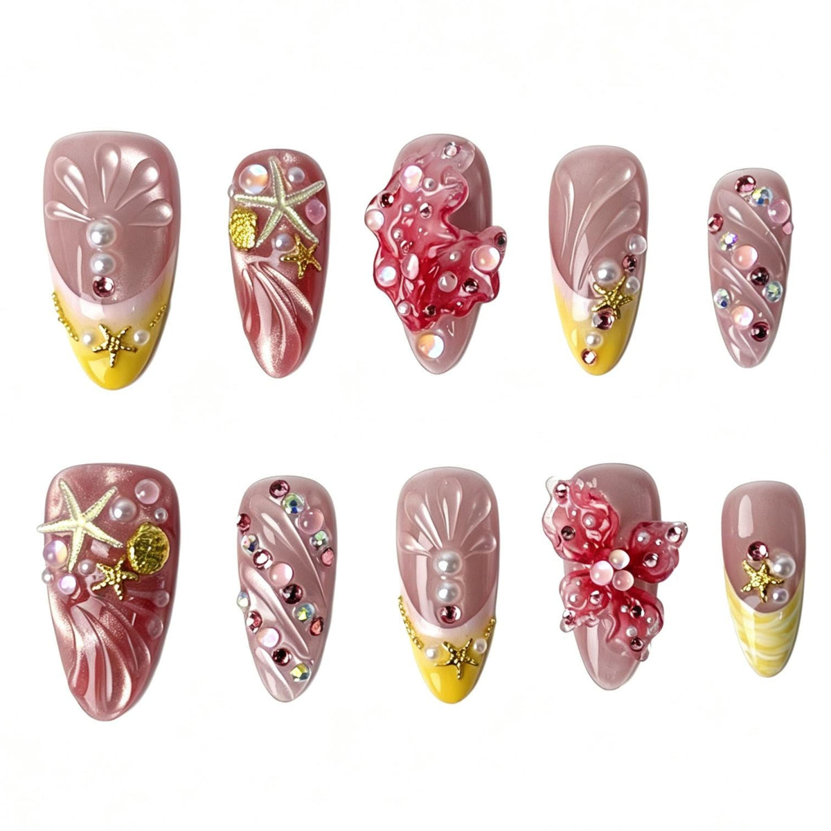 Pink yellow mermaid ocean press on nails long almond shape with seashell starfish pearl 3D charms for women