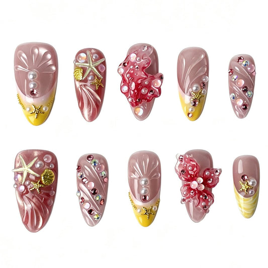 Pink yellow mermaid ocean press on nails long almond shape with seashell starfish pearl 3D charms for women