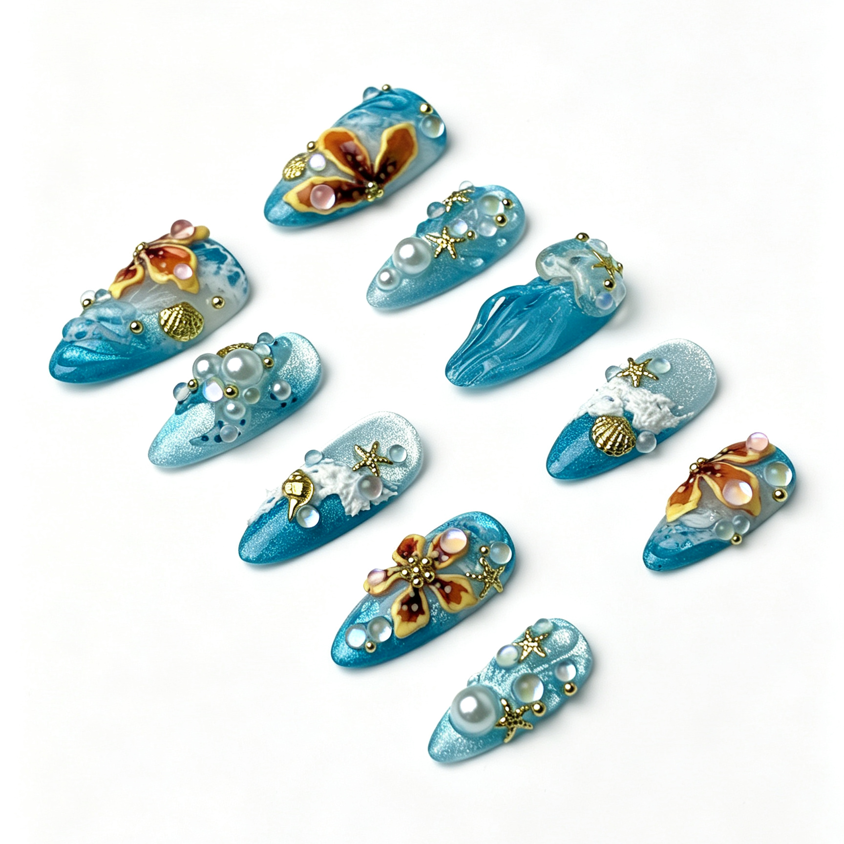 Mermaid Coastal Press On Nails, Blue Shimmer Cat Eye Jellyfish Butterfly Ocean Nails on Hand