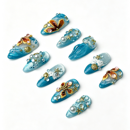 Mermaid Coastal Press On Nails, Blue Shimmer Cat Eye Jellyfish Butterfly Ocean Nails on Hand