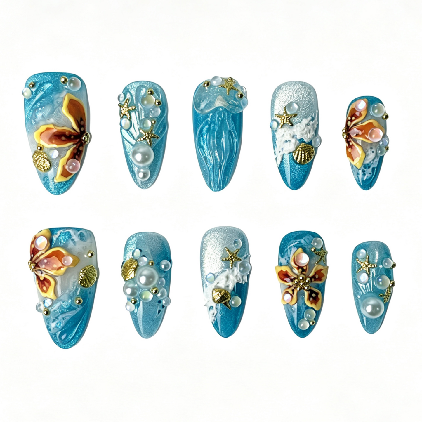 Medium Almond Press On Nails, Blue Cat Eye Ocean 3D Jellyfish Butterfly Starfish Shell Pearl Fake Nail Set