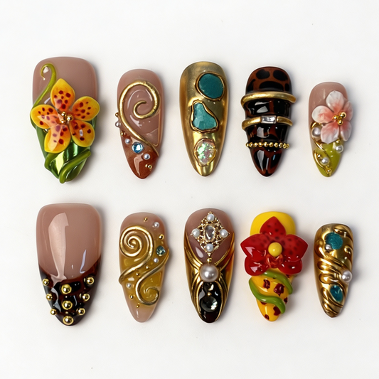 Retro Citrus medium almond press on nails, nude warm gradient with leopard print, tropical flower, gold swirl and turquoise pearl decor