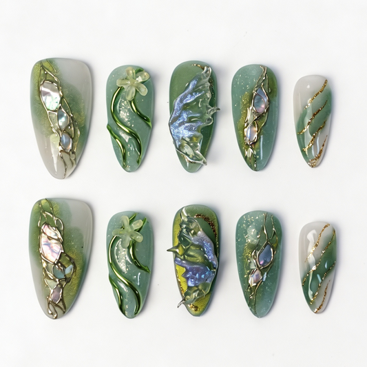 Medium almond press on nails, mint green cat‑eye gold vein butterfly abalone shell fake nails