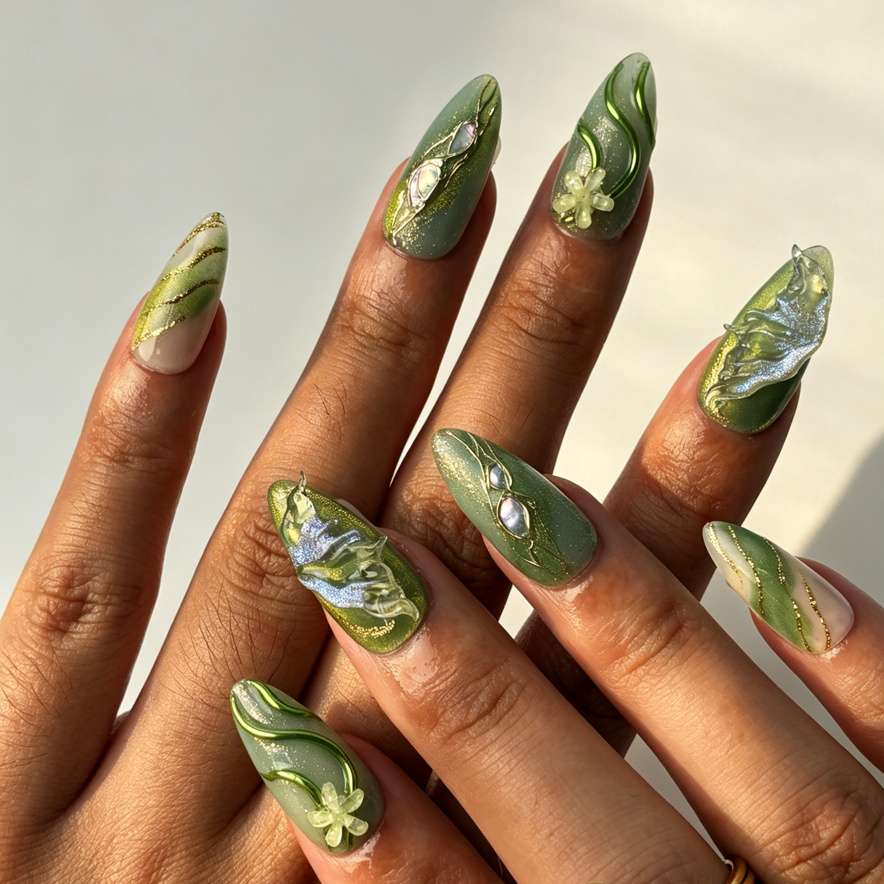 Jade Vein oriental wearable almond false nails, mint cat eye gradient, gold vein frame and translucent butterfly manicure