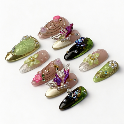 Iris Swirl spring fake nail set, mixed nude mint cat eye base, sculpted floral, translucent butterfly and pearl embellishments