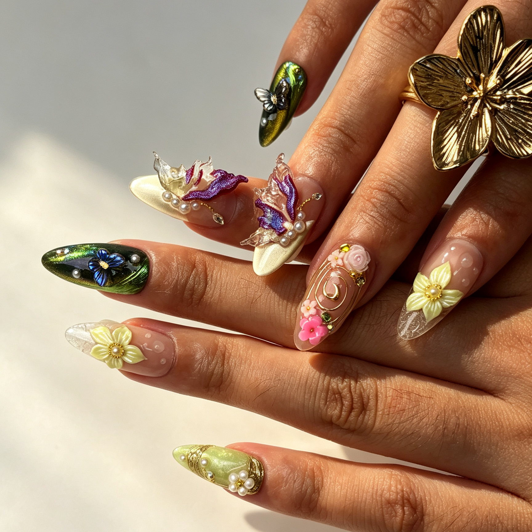 Iris Swirl casual wearable almond false nails close-up, gradient cat eye with 3D flower, butterfly and pearl manicure