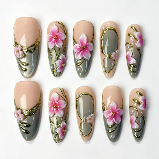 Sage Peony long almond press‑on nails, sage green nude base, 3D pink peony flower, gold trim handmade fake nails