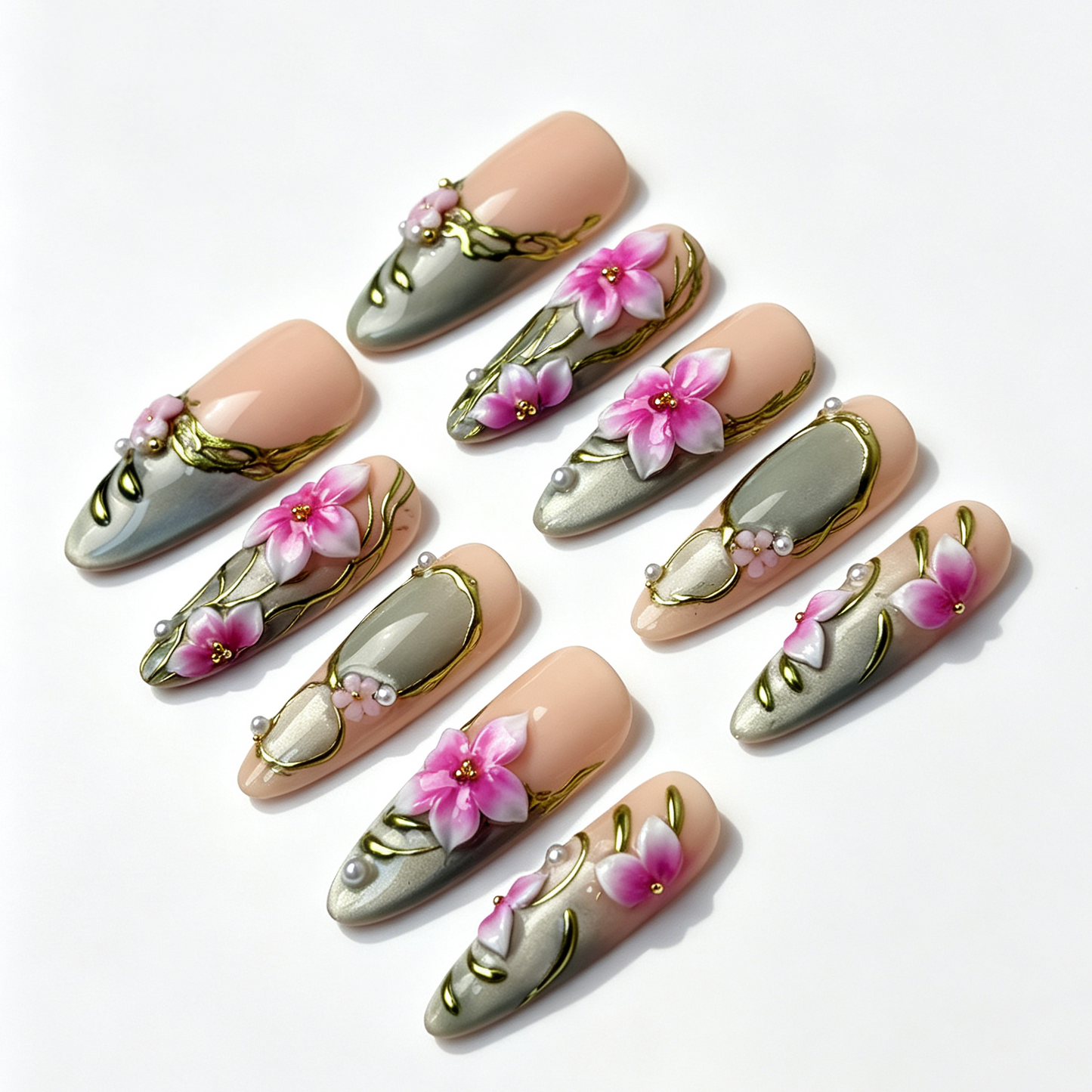 Sage Bloom spring oriental fake nail set, nude base with sage green cat eye, gradient pink cherry blossoms and pearl embellishments