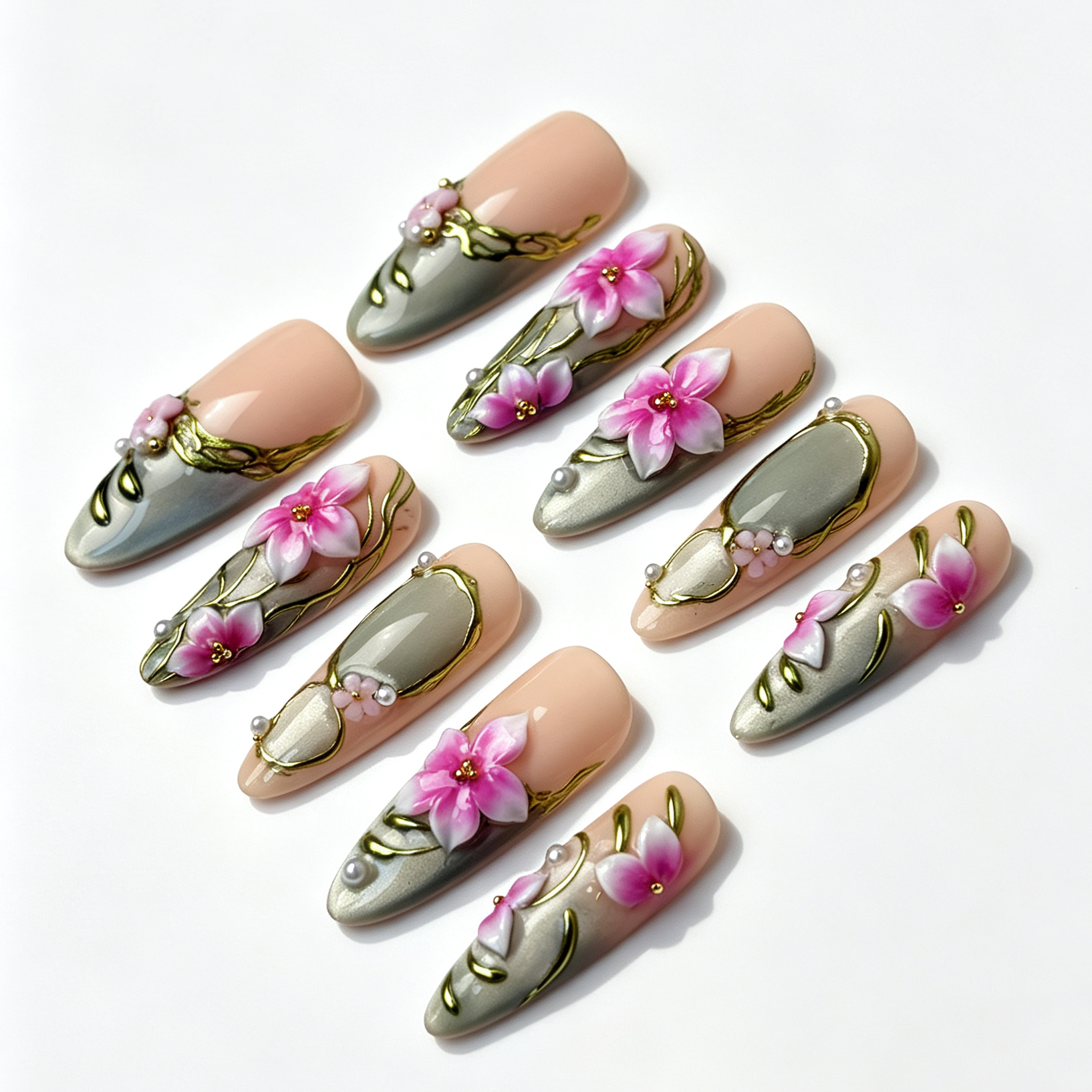 Sage Bloom spring oriental fake nail set, nude base with sage green cat eye, gradient pink cherry blossoms and pearl embellishments