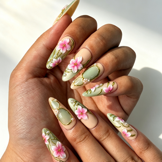 Sage Peony vintage floral long almond press‑on nails hand manicure view