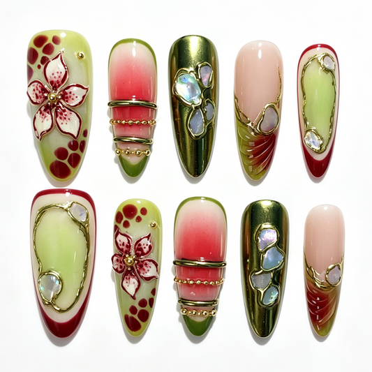 Fern Bloom long almond press-on nails, green-red gradient, 3D sculpted flower, gold outline and shell fragment handmade fake nails