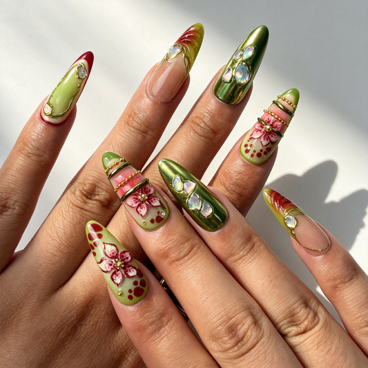 Fern Bloom forest style long almond press-on nails hand manicure view