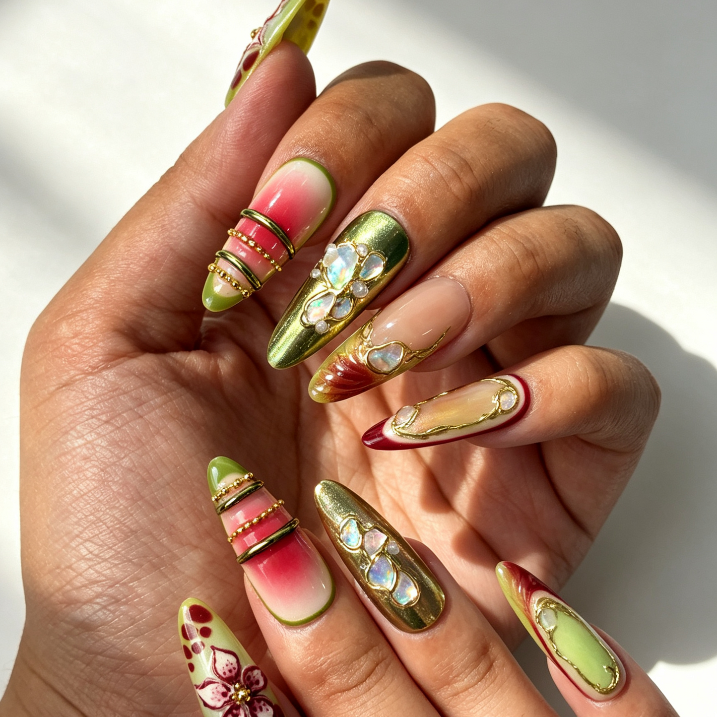 Fern Bloom long almond false nails close-up, gradient cat eye floral shell daily vintage manicure