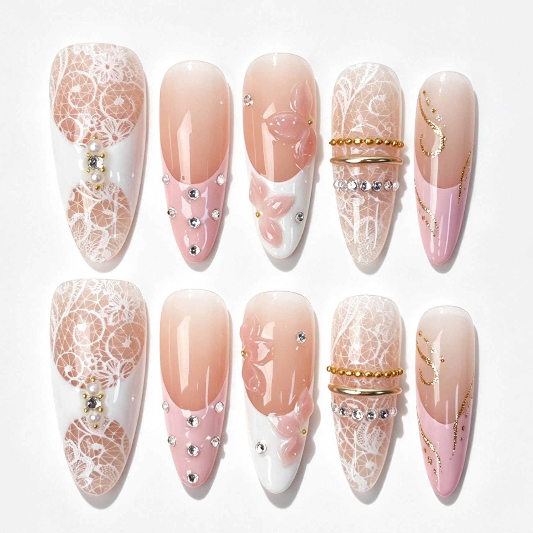 Long almond press‑on nails, blush nude pink french white lace print pink flower gold chain rhinestone spring fake nails