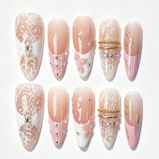 Long almond press‑on nails, blush nude pink french white lace print pink flower gold chain rhinestone spring fake nails