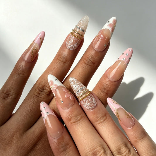 Blush Lace spring lace press‑on nails on‑hand, gentle dating manicure