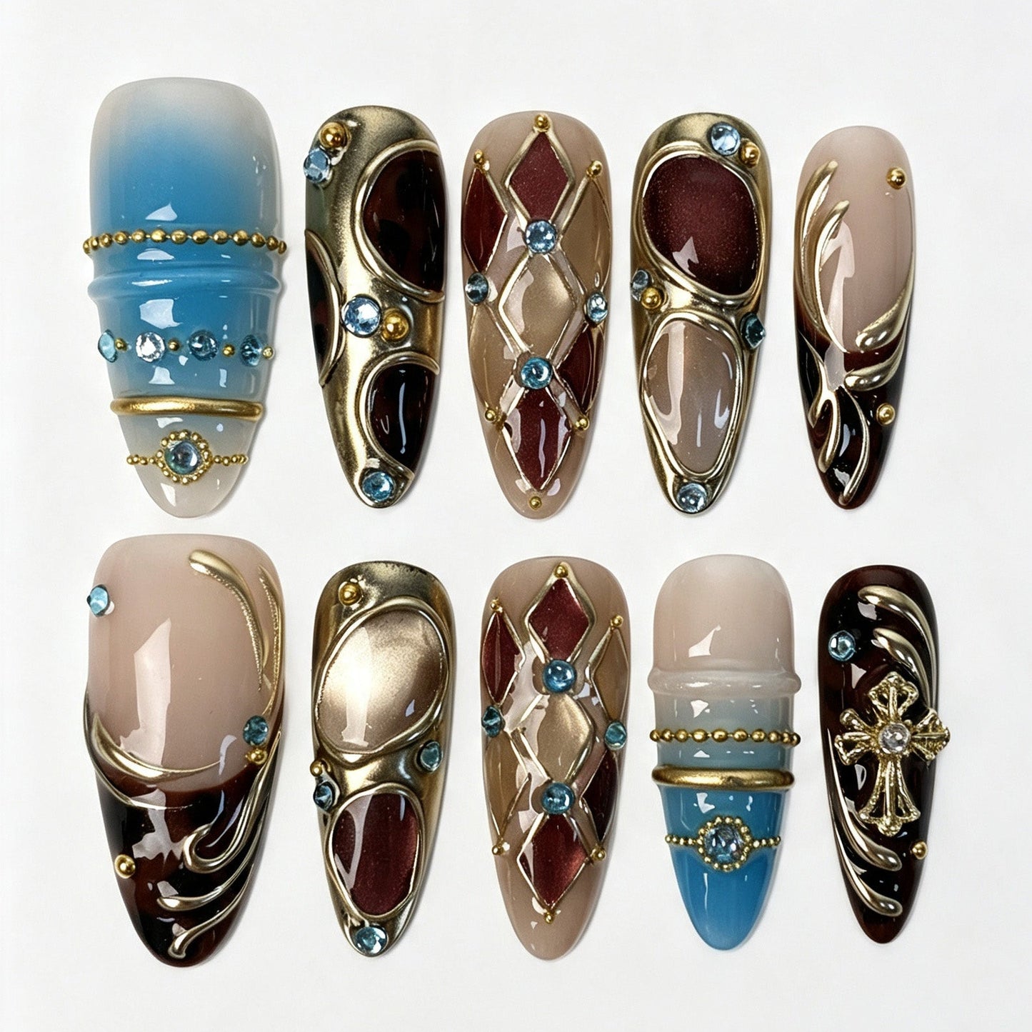 Long almond press‑on nails, gothic blue gradient burgundy rhombus gold cross cyan rhinestone fake nails