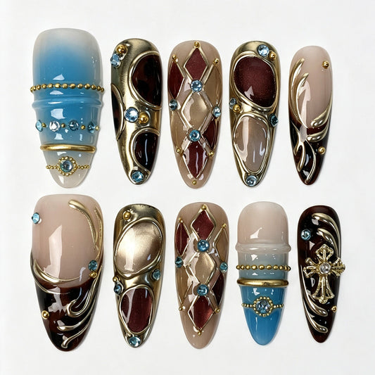 Long almond press‑on nails, gothic blue gradient burgundy rhombus gold cross cyan rhinestone fake nails