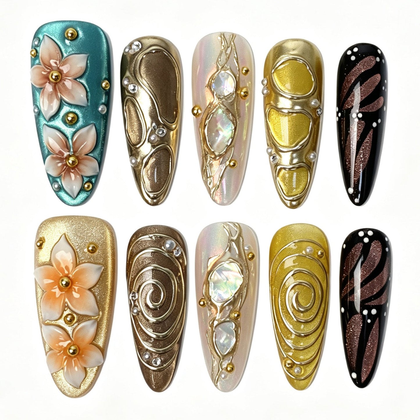 Long almond press‑on nails, vintage exotic 3D‑flower gold swirl shell‑inlay gold‑bead luxury fake nails