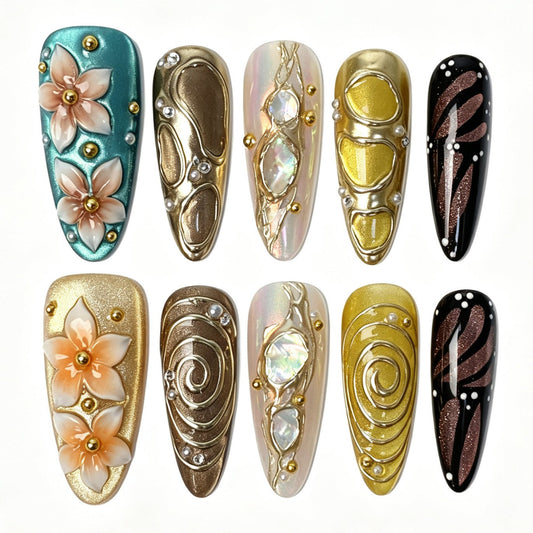 Long almond press‑on nails, vintage exotic 3D‑flower gold swirl shell‑inlay gold‑bead luxury fake nails