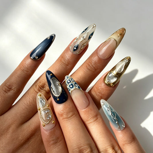 Blue Mosaic cool‑tone press‑on nails on‑hand, evening party manicure