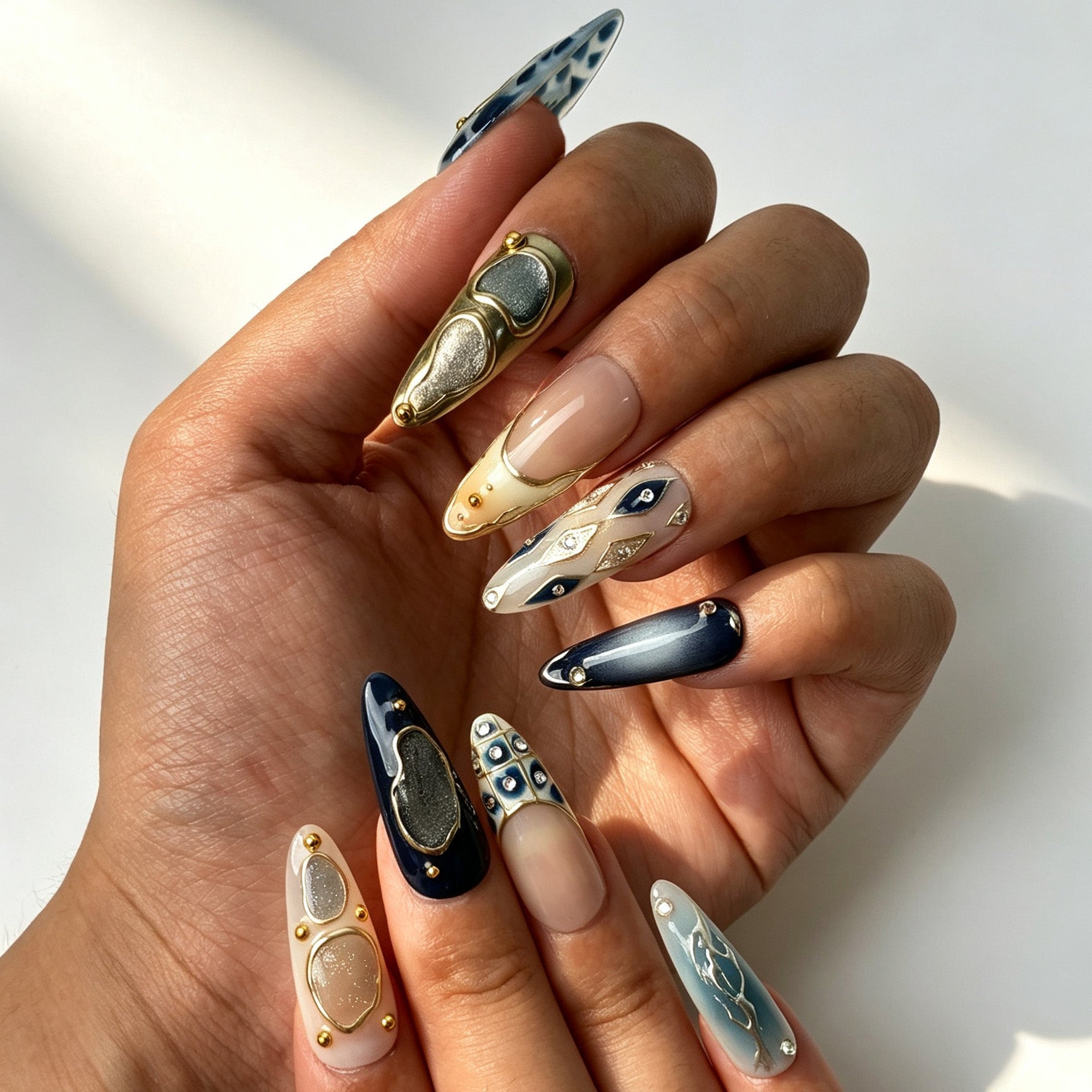 Elegant cool‑tone long almond reusable false nails blue leopard print metal relief pearl