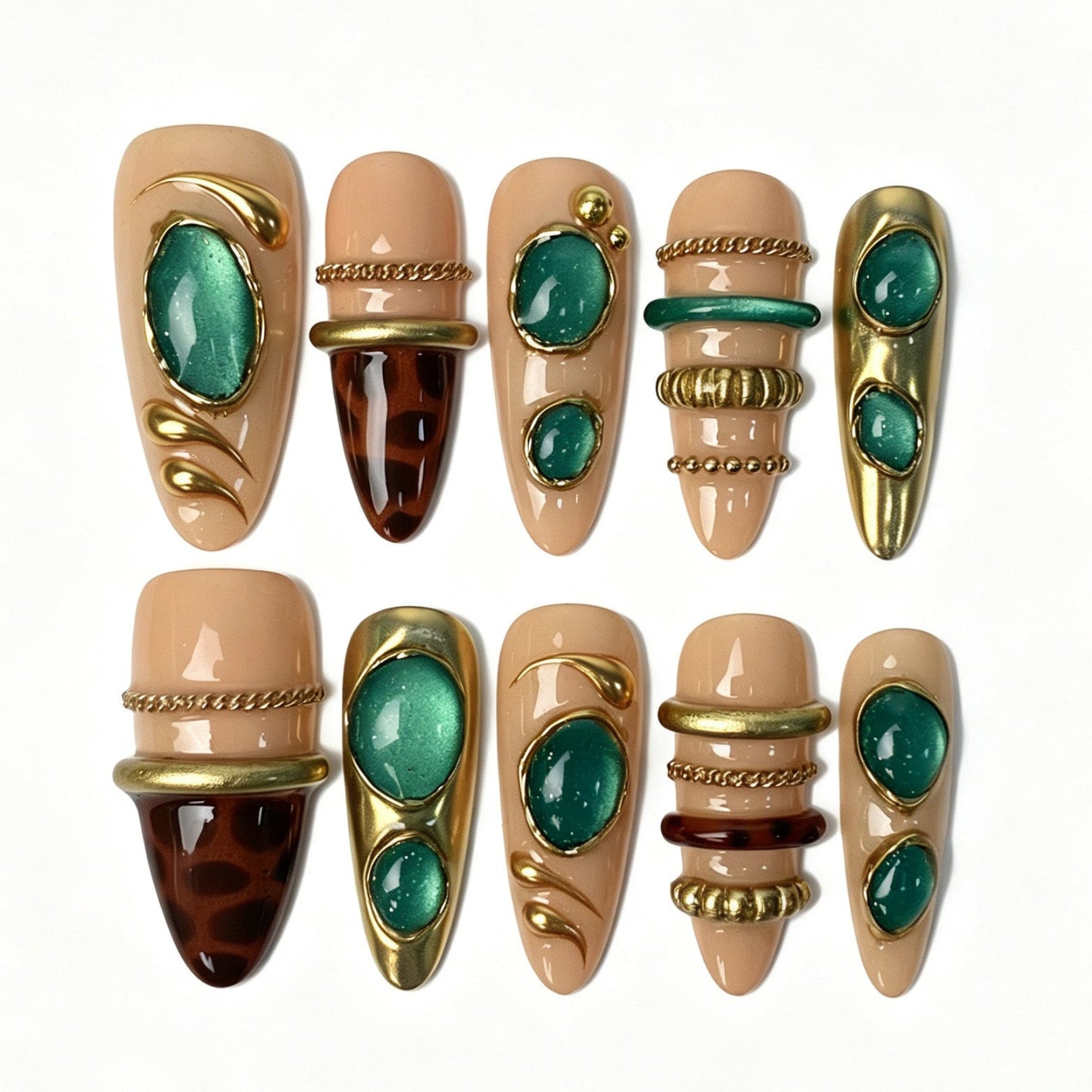 Emerald Regal Nude Almond Press On Nails Emerald Gold Tortoiseshell Nails