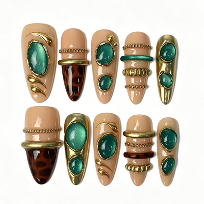 Emerald Regal Nude Almond Press On Nails Emerald Gold Tortoiseshell Nails