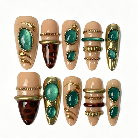 Emerald Regal Nude Almond Press On Nails Emerald Gold Tortoiseshell Nails