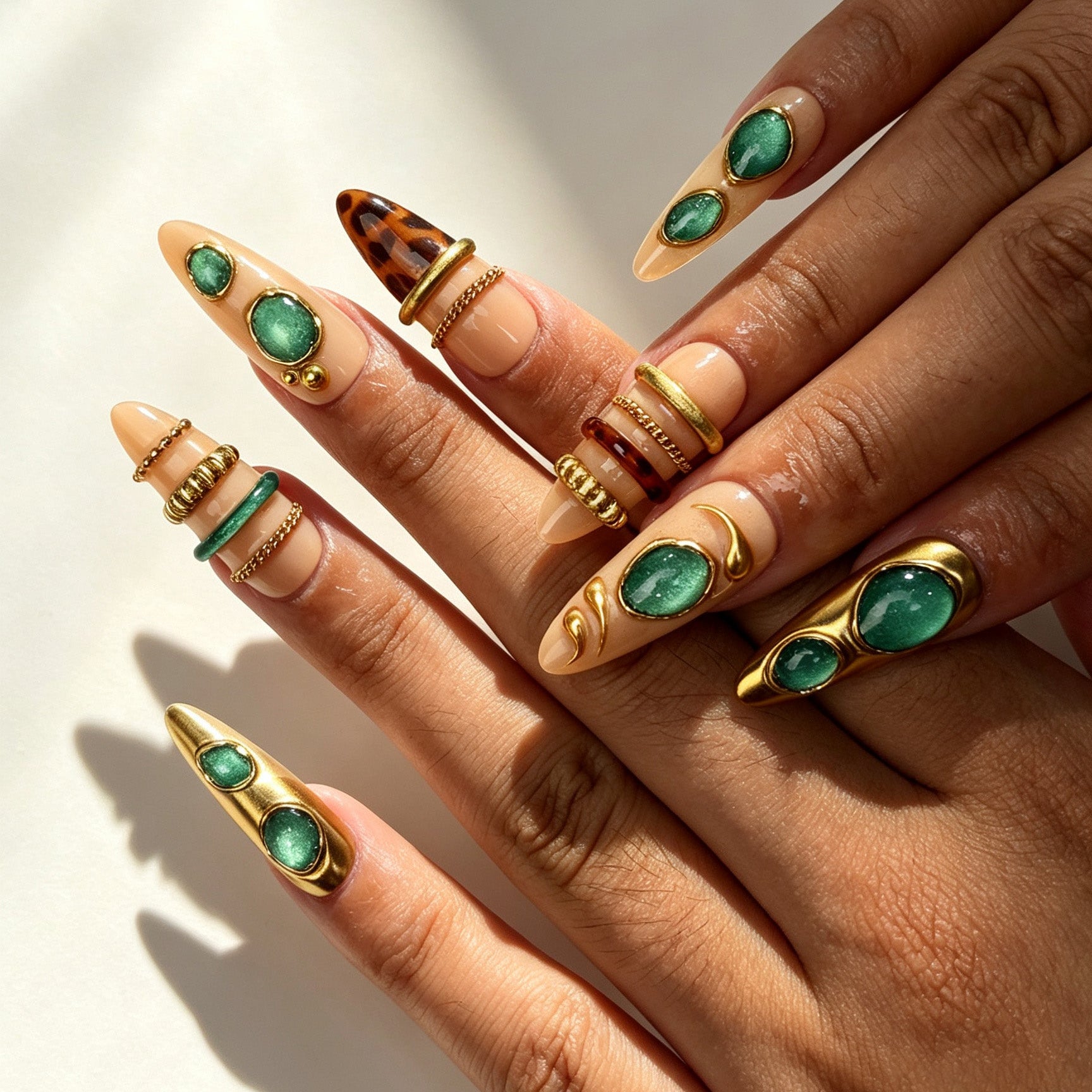 Emerald Regal Vintage Luxury Emerald Almond Nails Wearing Display