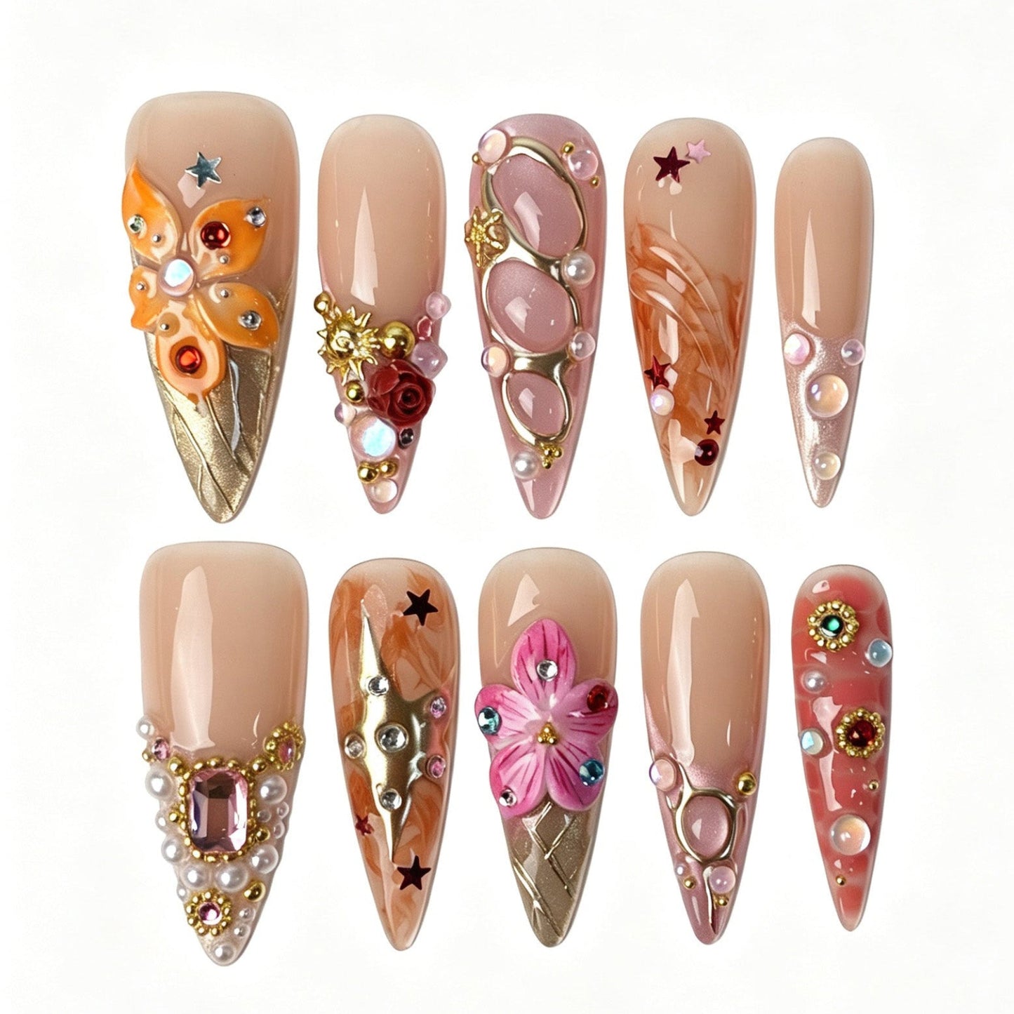 Peach Floris Nude Peach 3D Flower Stiletto Press On Nails
