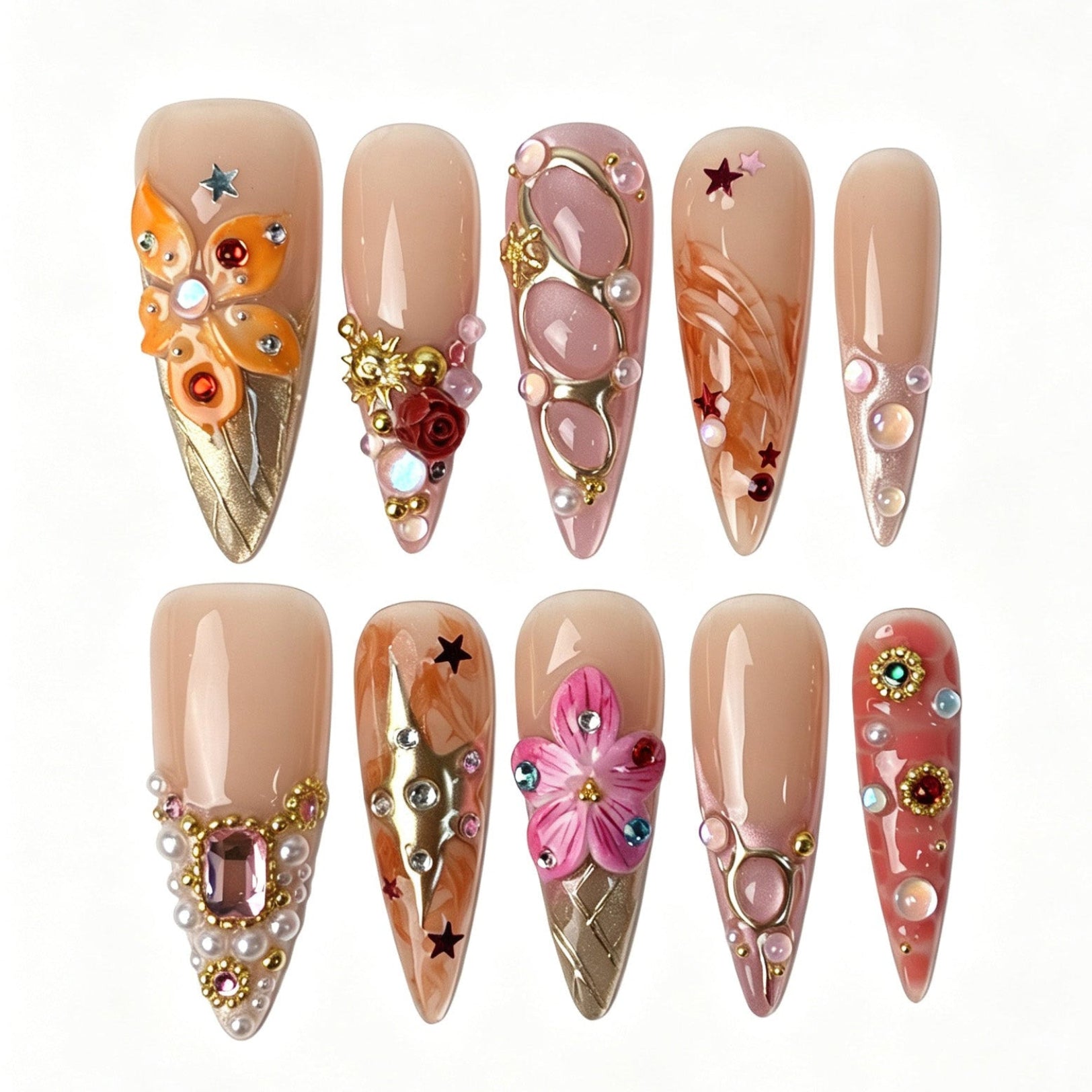 Peach Floris Nude Peach 3D Flower Stiletto Press On Nails