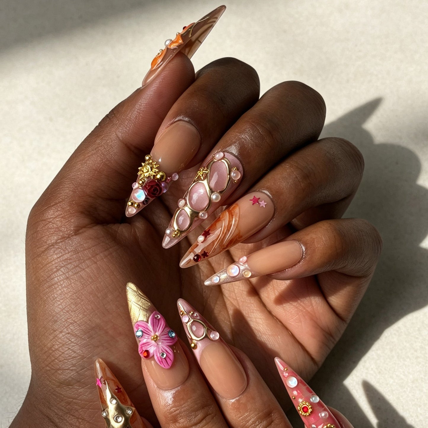 Romantic peach floral press on nails long stiletto manicure