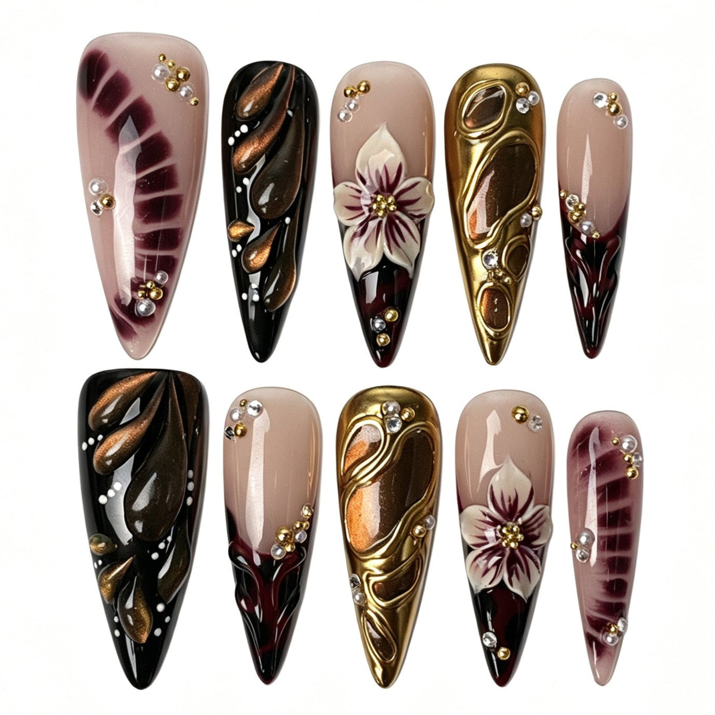 Plum Gild Gothic Stiletto Press On Nails 3D Flower Purple Vintage Nails