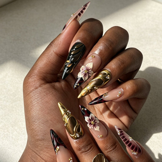 Plum Gild Long Stiletto Gothic Nails 3D Flower Hand Wearing Effect