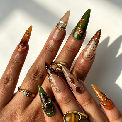Handcrafted stiletto press on nails, vintage boho jewel design for fall events, photoshoots and autumn styling