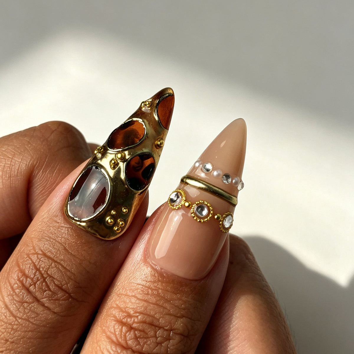 Vintage boho stiletto press on nails, olive green, orange, nude, tortoiseshell gem, brown flower, crystal and diamond pearl detail