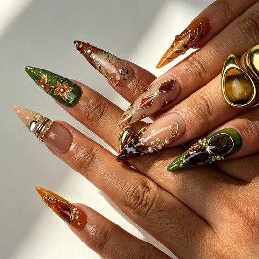 Forest Amber handmade stiletto press on nails, vintage boho-jeweled autumn nail art on hand