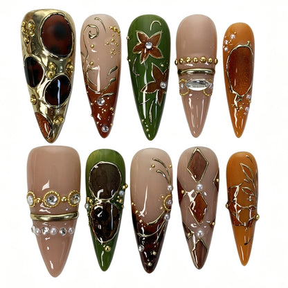 Handmade stiletto press on nails, olive green orange nude tortoiseshell gem brown flower boho jewel autumn false nails for women