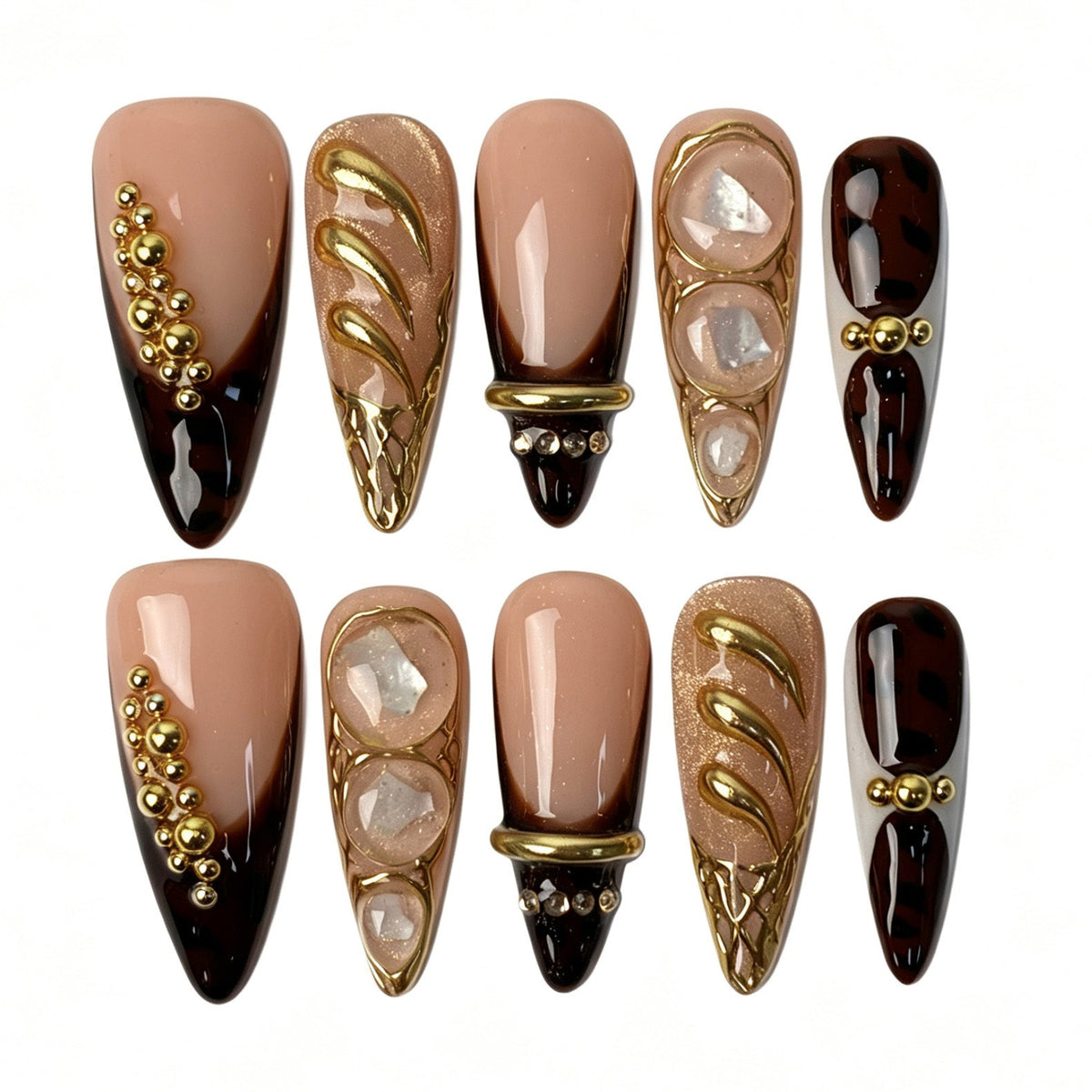 Garnet Gild nude stiletto press‑on nails burgundy ombre 3D gold shell vintage luxury nails