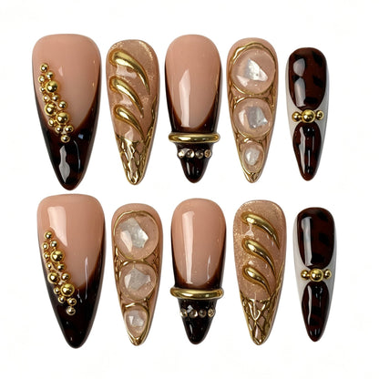 Garnet Gild nude stiletto press‑on nails burgundy ombre 3D gold shell vintage luxury nails