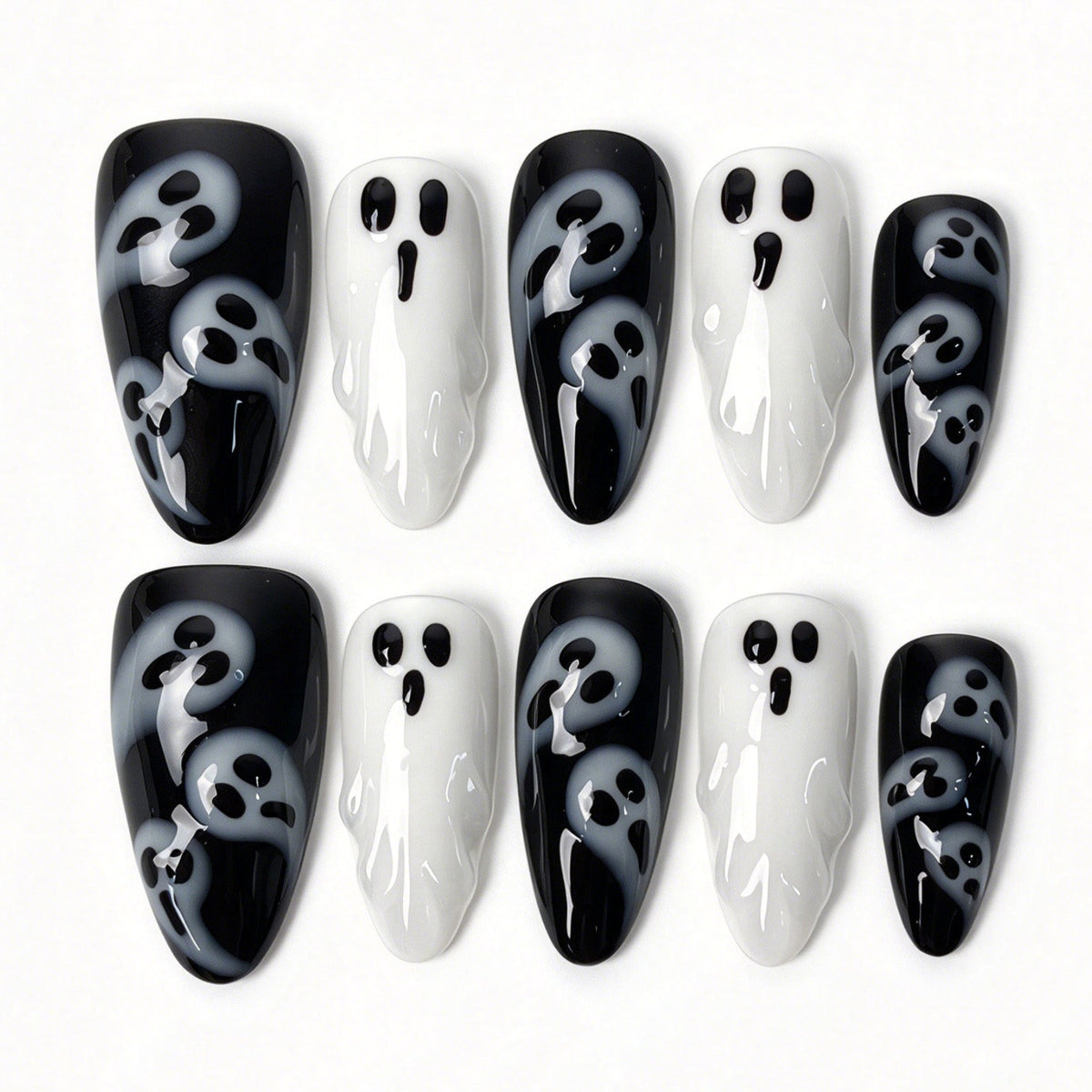 Ghostly Chic handmade almond press on nails, black white hand painted cute ghost cartoon Halloween false nails