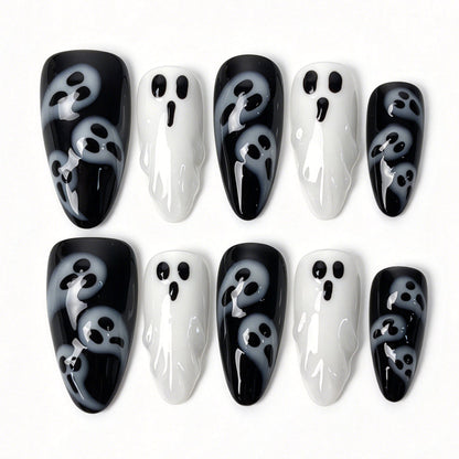 Ghostly Chic handmade almond press on nails, black white hand painted cute ghost cartoon Halloween false nails