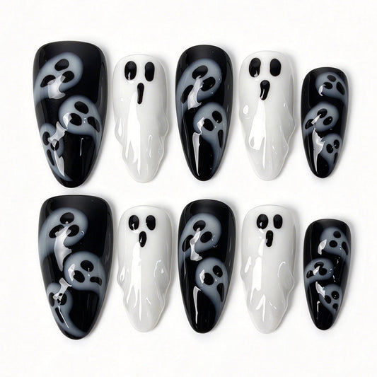 Ghostly Chic handmade almond press on nails, black white hand painted cute ghost cartoon Halloween false nails