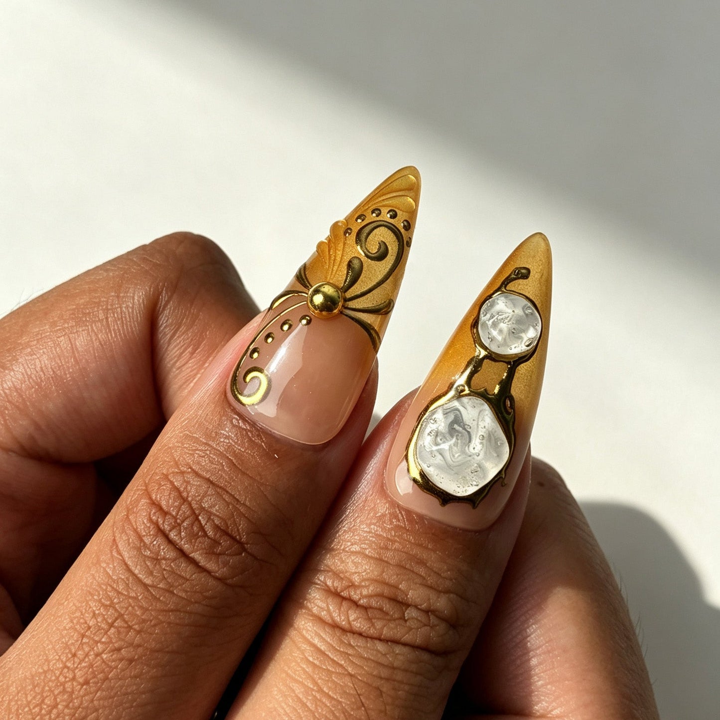 Burnt‑orange amber baroque royal handmade press‑on nails on fingernails