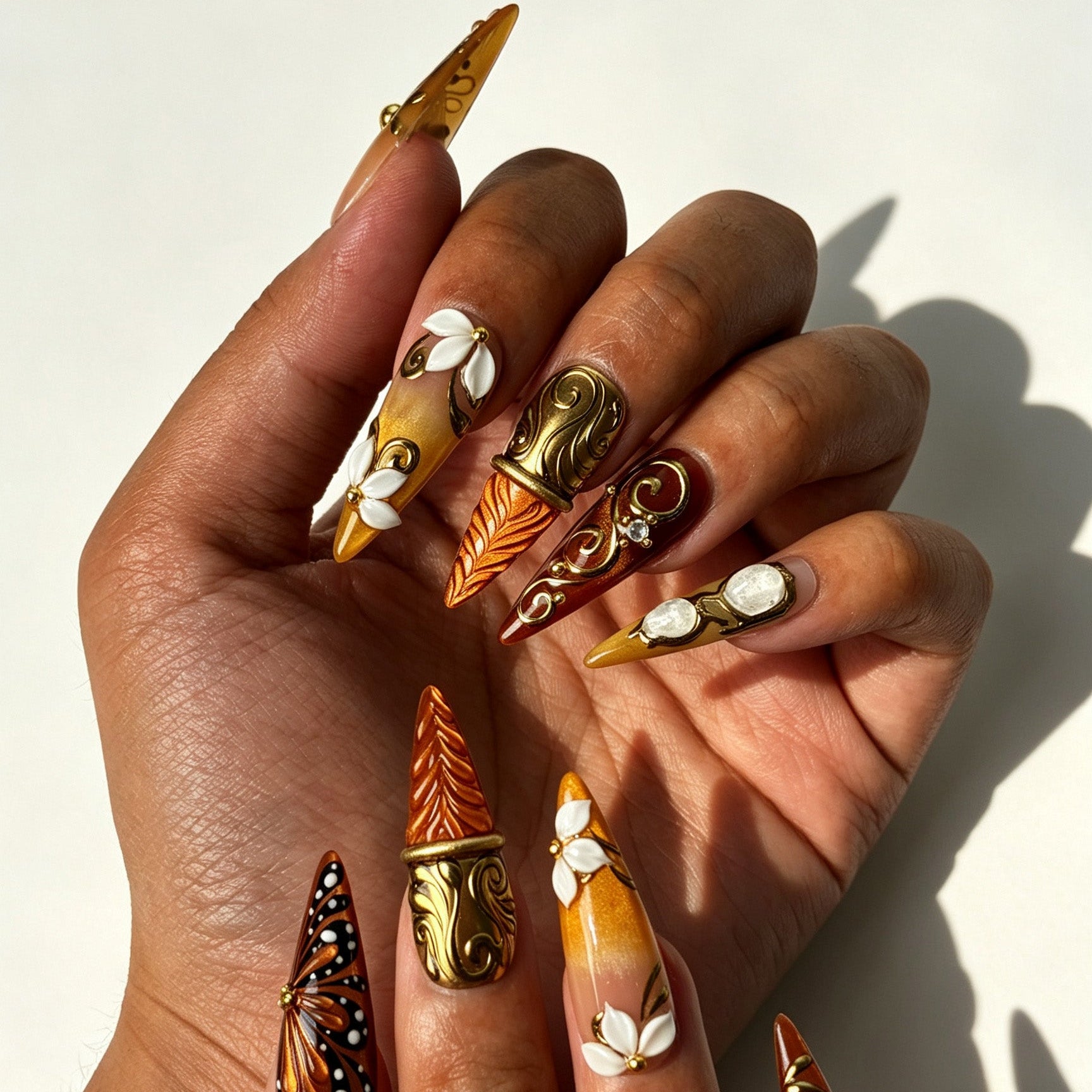 Burnt‑orange amber baroque royal handmade press‑on nails on fingernails