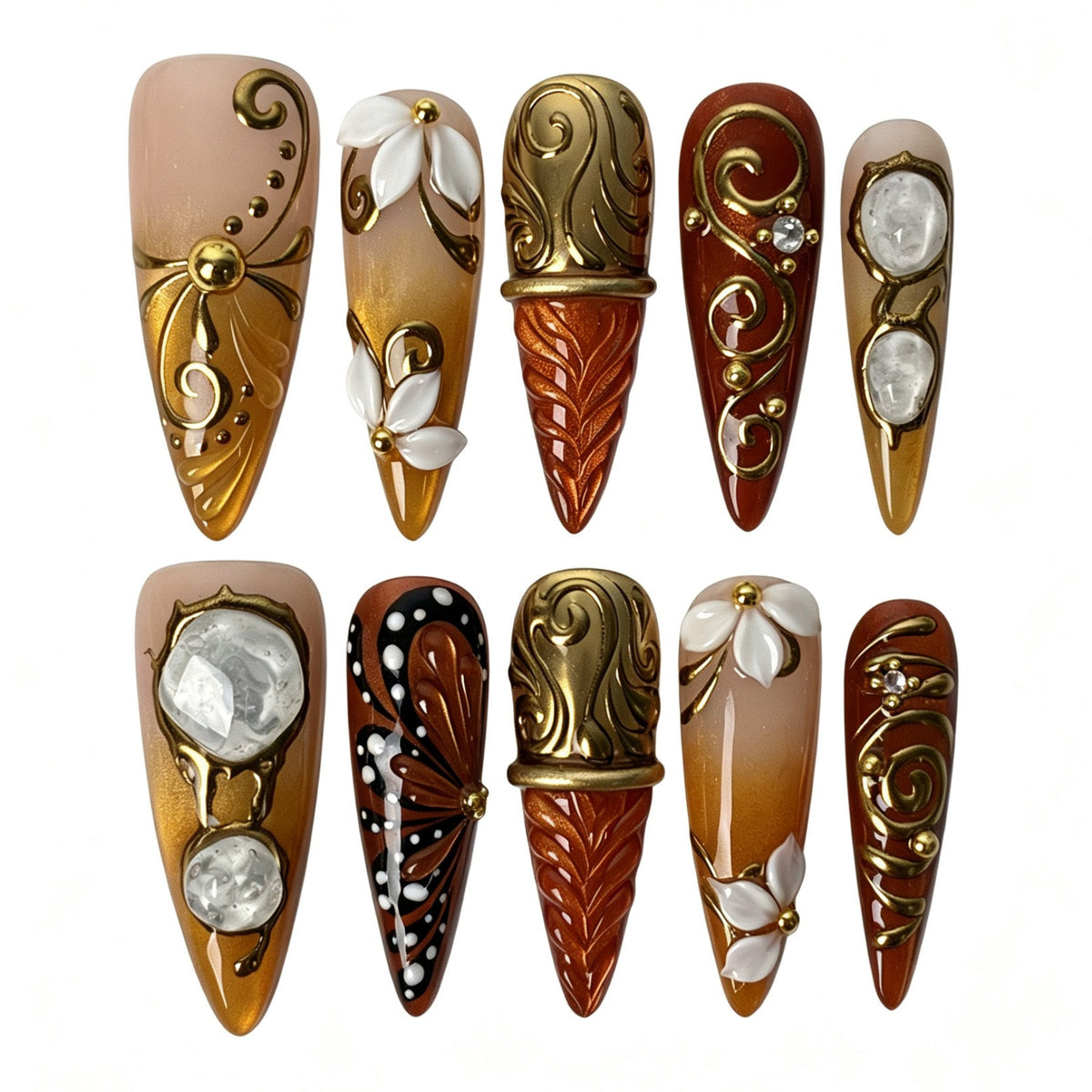 Gilded Ember stiletto press‑on nails, baroque gold scroll 3D white flower fall nail art